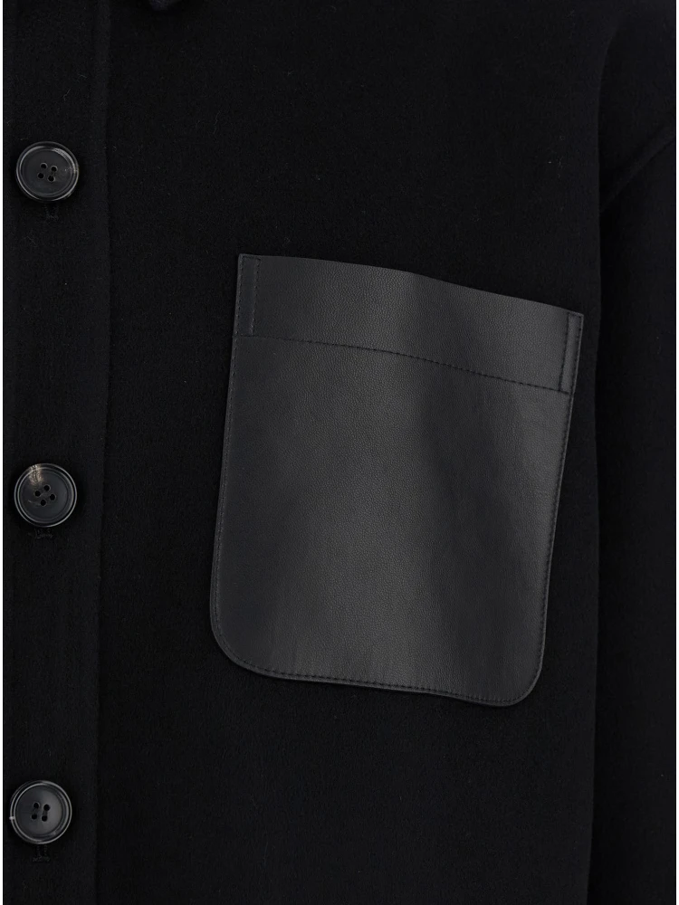 Black Oversized Shirt with Patch Pocket in Wool Man alternative