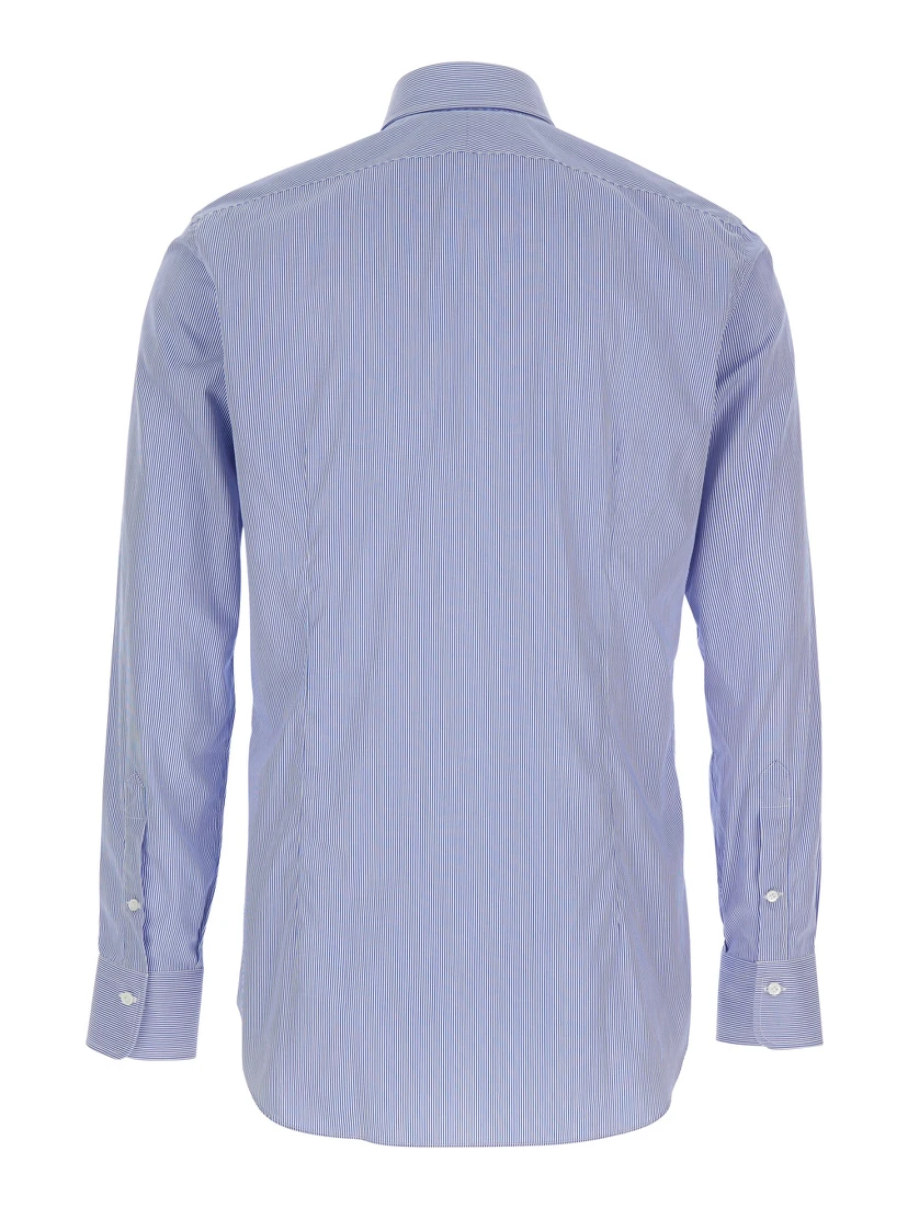 Blue Shirt with Classic Collar and All-Over Striped Motif in Cotton Man