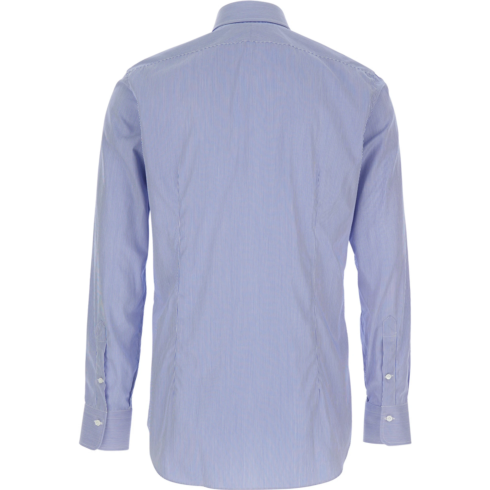 Blue Shirt with Classic Collar and All-Over Striped Motif in Cotton Man