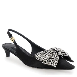 Black Slingback Pumps with Rhinestone Bow Detail in Silk Blend Woman