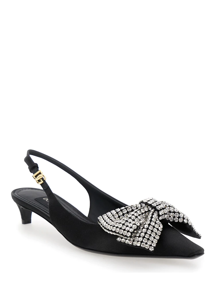 Black Slingback Pumps with Rhinestone Bow Detail in Silk Blend Woman alternative