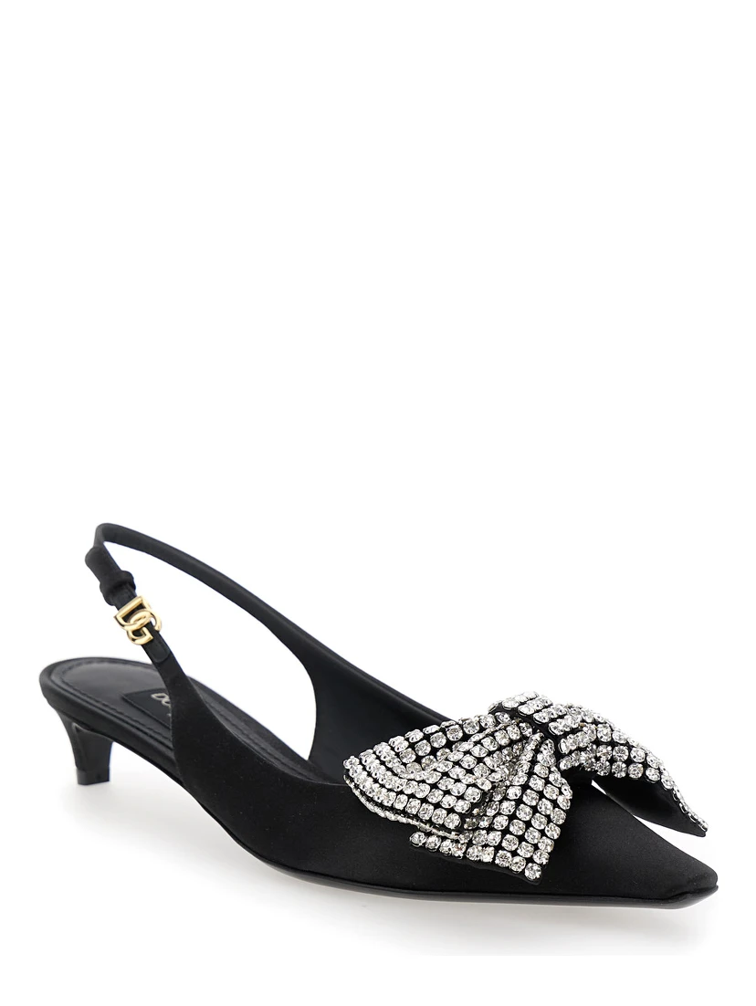 Black Slingback Pumps with Rhinestone Bow Detail in Silk Blend Woman