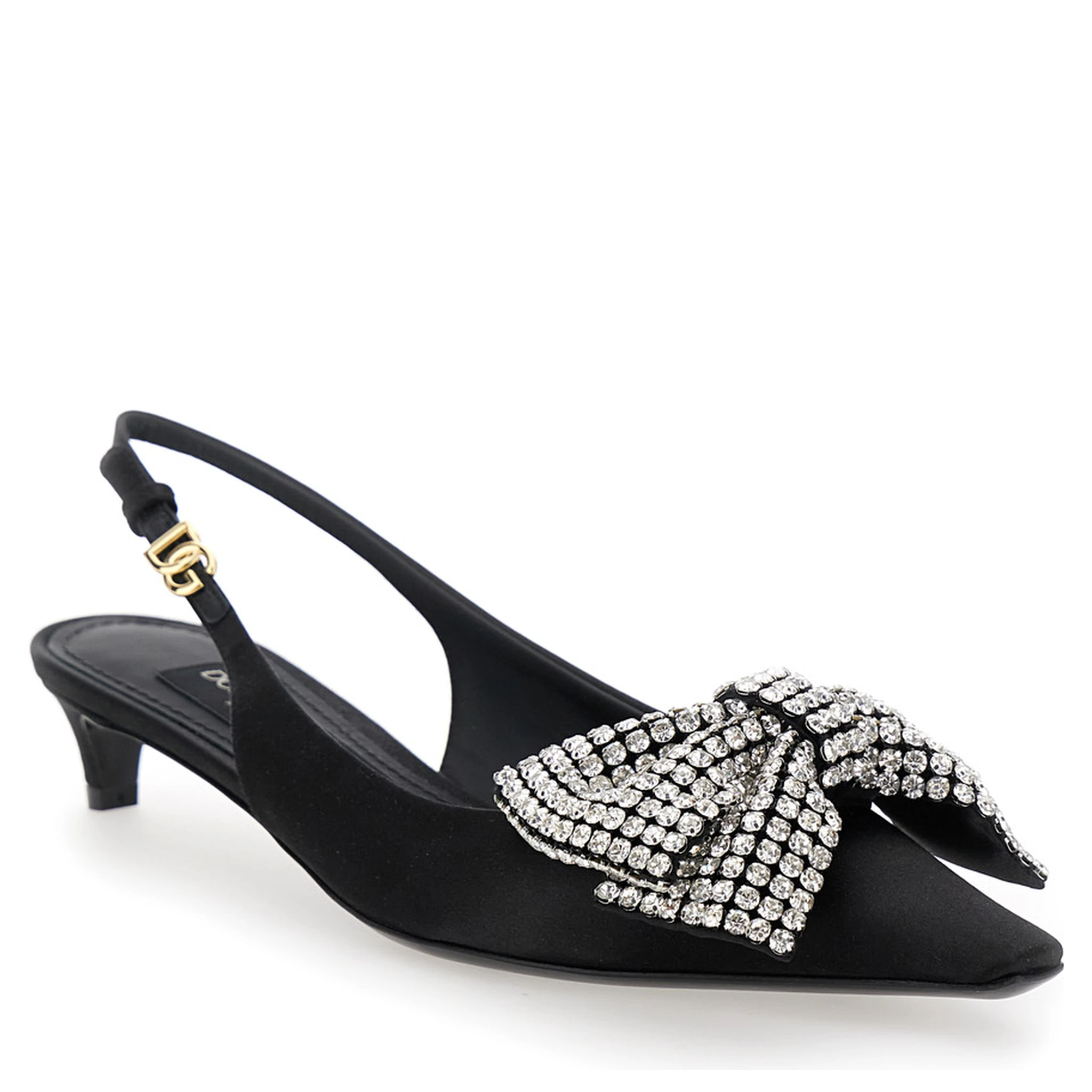 Black Slingback Pumps with Rhinestone Bow Detail in Silk Blend Woman