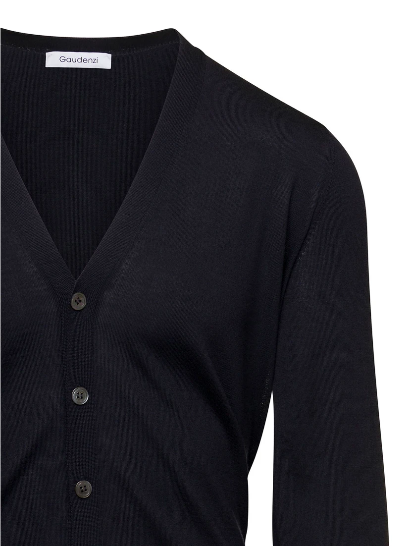 Blue V Neck Long Sleeves Cardigan in Wool Man Gaudenzi