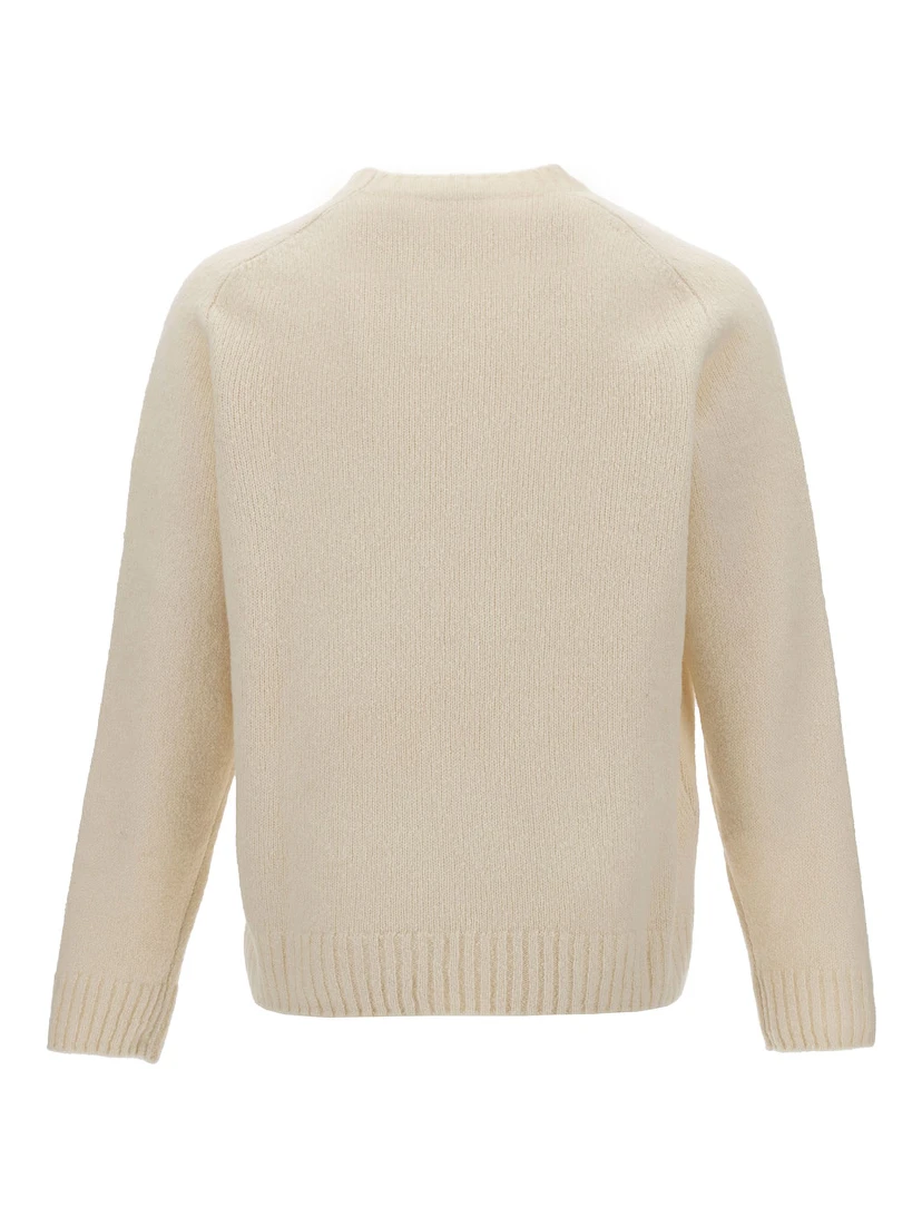 White Crewneck Sweater with Ribbed Trims in Alpaca and Wool Man