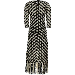 Midi Black and White Dress with Chevron Motif in Crochet Woman