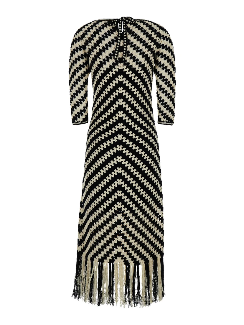 Midi Black and White Dress with Chevron Motif in Crochet Woman