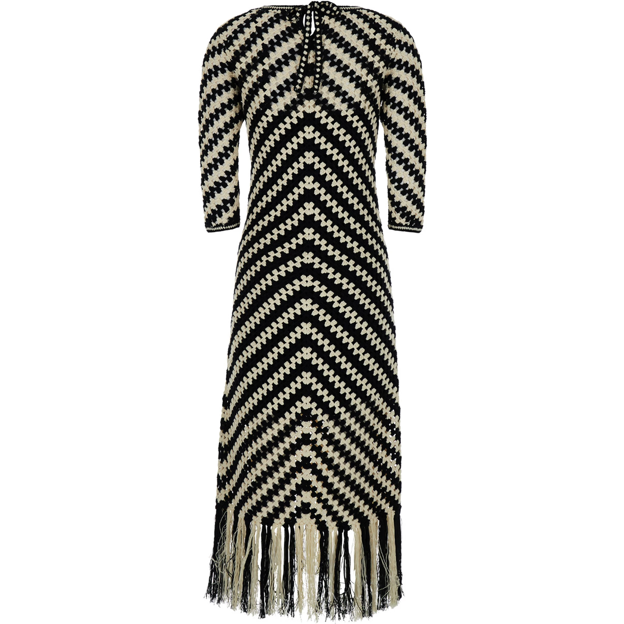 Midi Black and White Dress with Chevron Motif in Crochet Woman