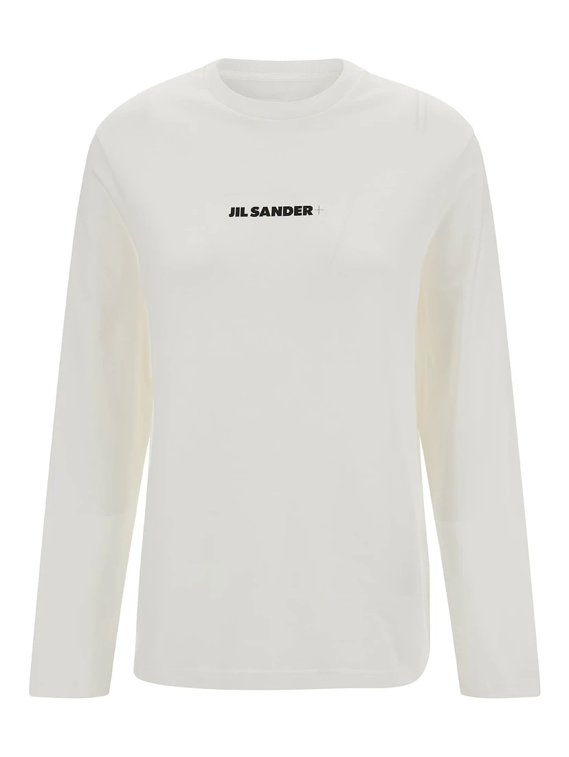 White Long Sleeve T-Shirt with Contrasting Logo Print in Cotton Woman