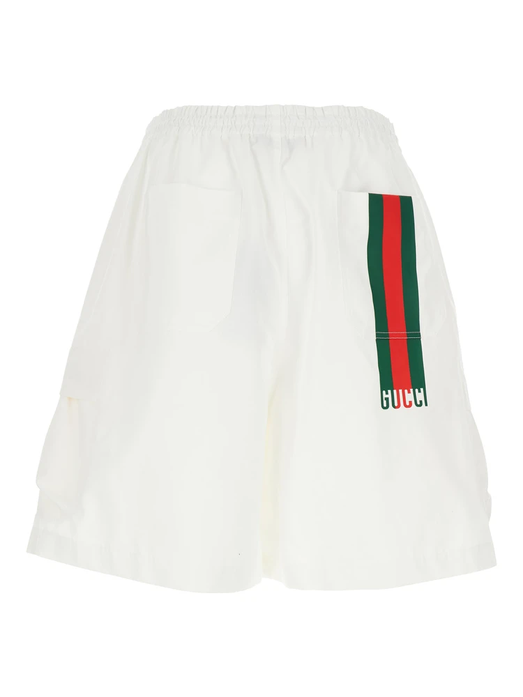 White Bermuda Pants with Elastic Drawstring Waist and Rear Web Print in Cotton Man alternative