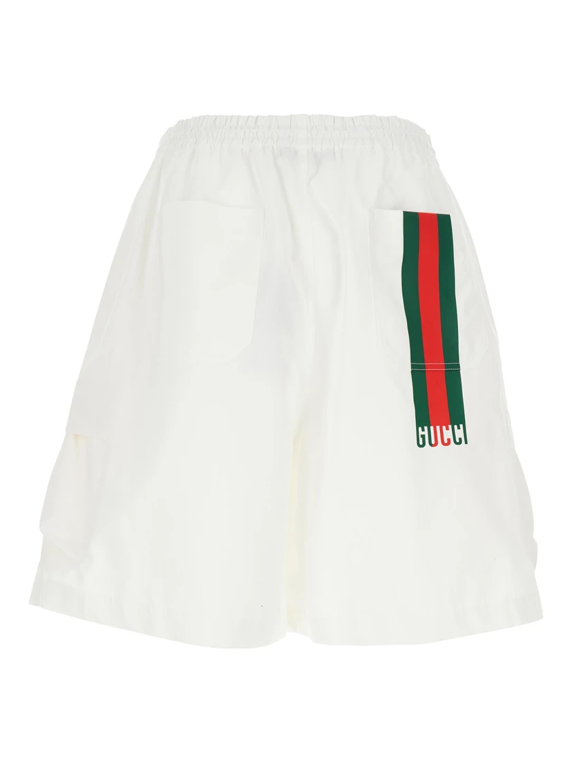 White Bermuda Pants with Elastic Drawstring Waist and Rear Web Print in Cotton Man