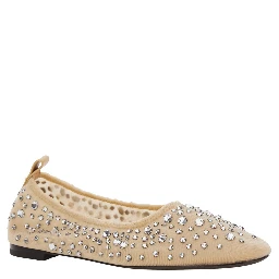 Beige Ballet Flats with All-Over Crystals Application in Tech Fabric Woman