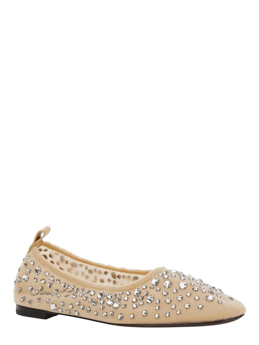 Beige Ballet Flats with All-Over Crystals Application in Tech Fabric Woman