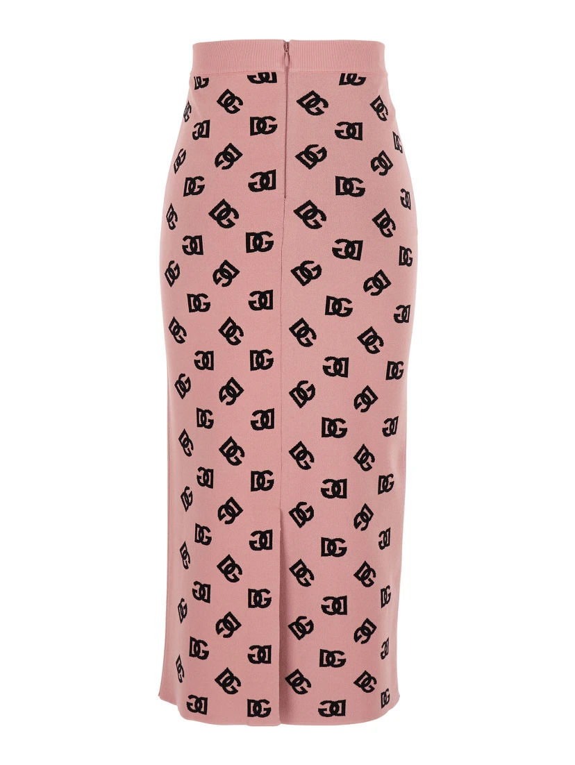 Pink Skirt with Pencil Design and All-Over Printed DG Logo in Viscose Blend Woman