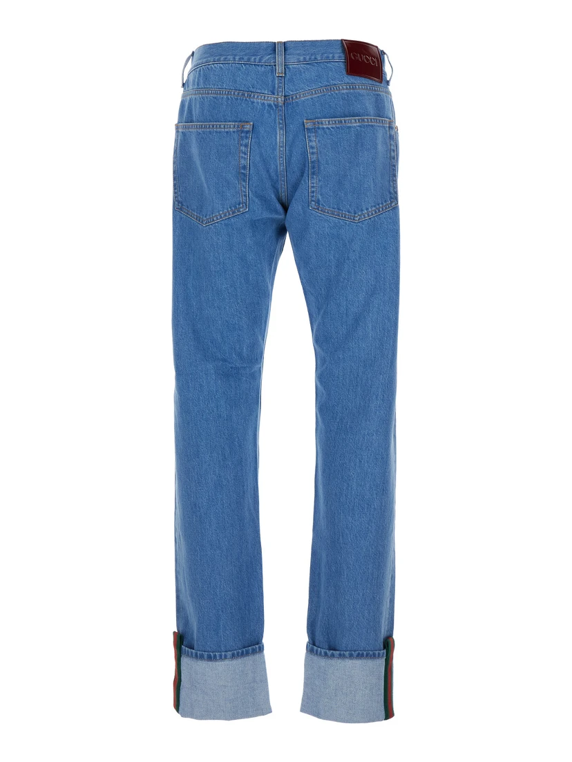 Blue Jeans with Logo Patch on the Rear and Web Turn-Up Hem in Denim Man