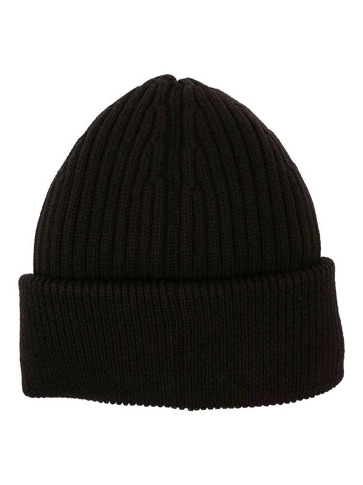 Black Ribbed Beanie with Logo Patch in Wool Man alternative