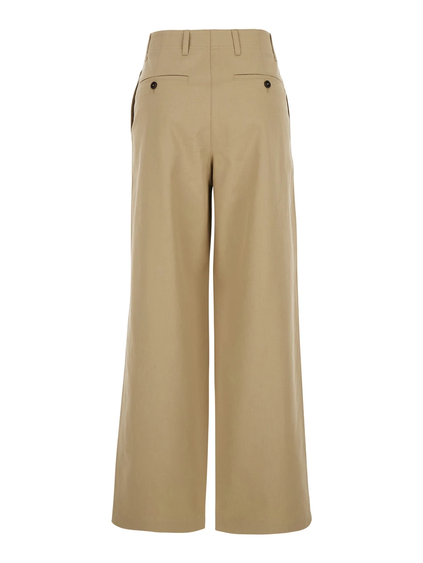 Beige Chino Pants with Cannon Pleats and Wide Leg in Cotton Woman