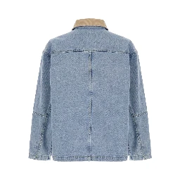 جاكيت رجالي أزرق فاتح بياقة متباينة اللون وجيوب رقعة على الصدر من القطن