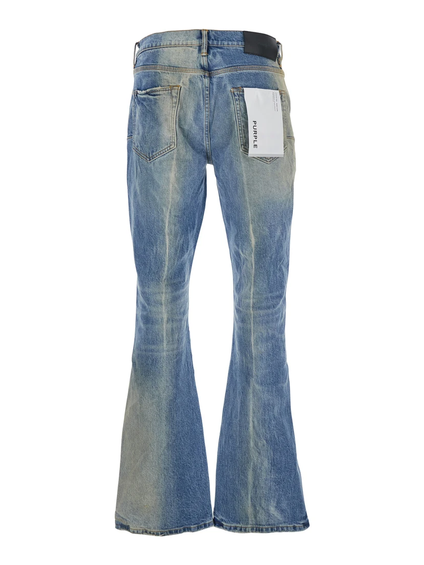 Blue Flared Jeans with Logo Patch on the Rear and Faded Effect in Denim Man