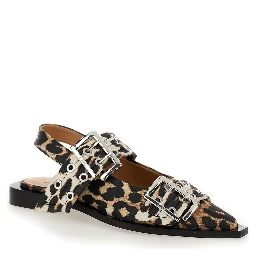 Multicolor Ballet Shoes with Double Buckle and All-Over Leopard Print in Tech Fabric Woman