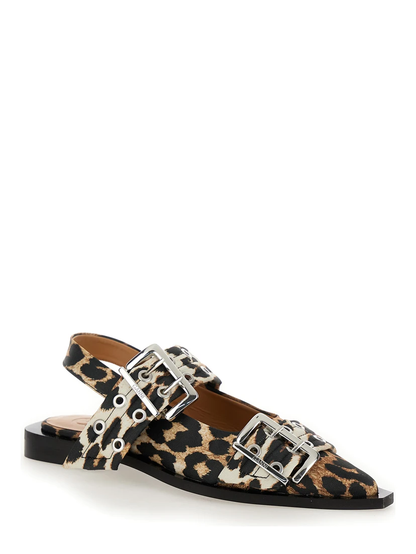 Multicolor Ballet Shoes with Double Buckle and All-Over Leopard Print in Tech Fabric Woman