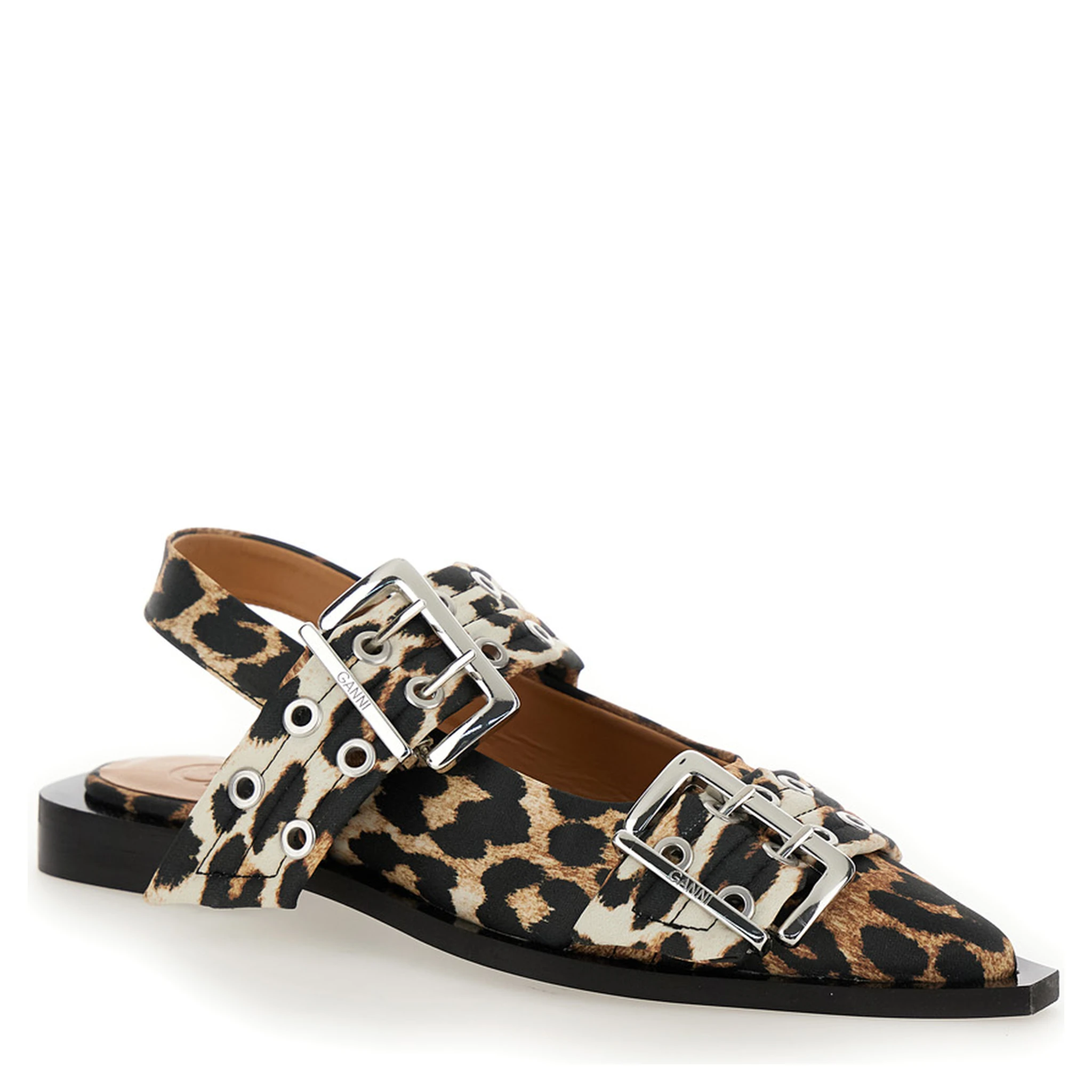 Multicolor Ballet Shoes with Double Buckle and All-Over Leopard Print in Tech Fabric Woman