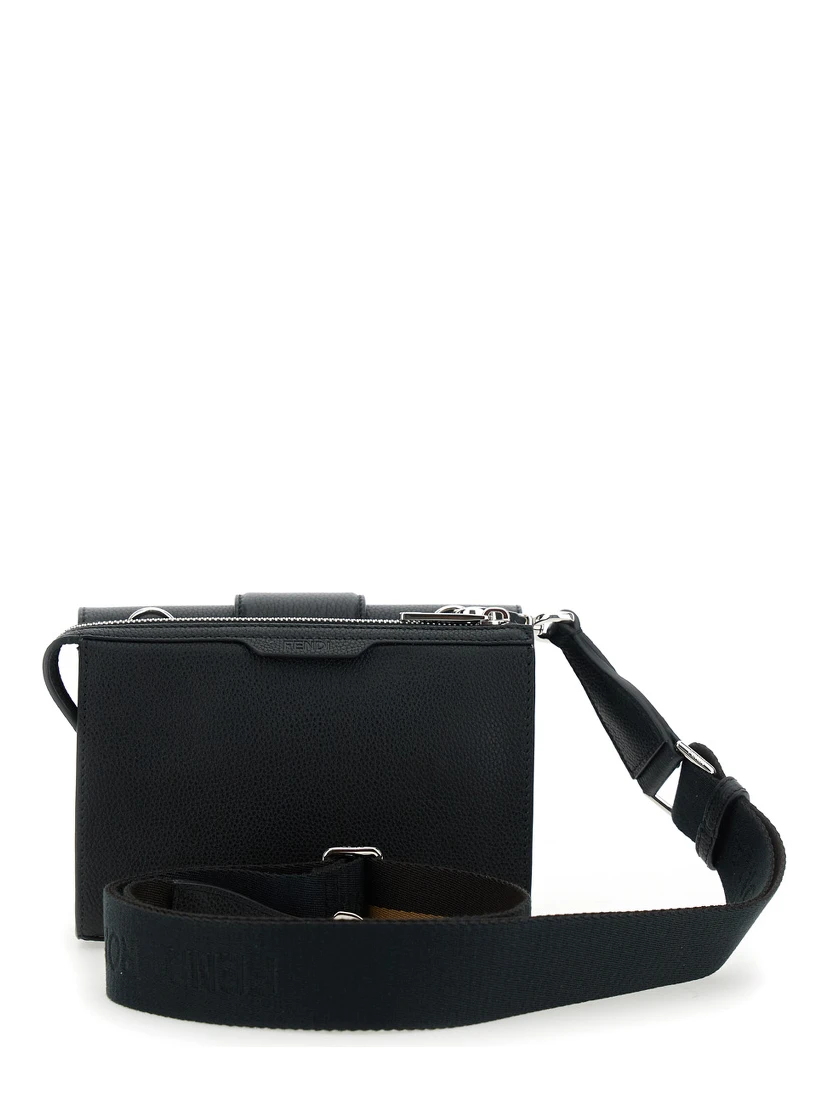 Baguette Double Black Crossbody Bag with FF Plaque on the Front in Hammered Leather Woman