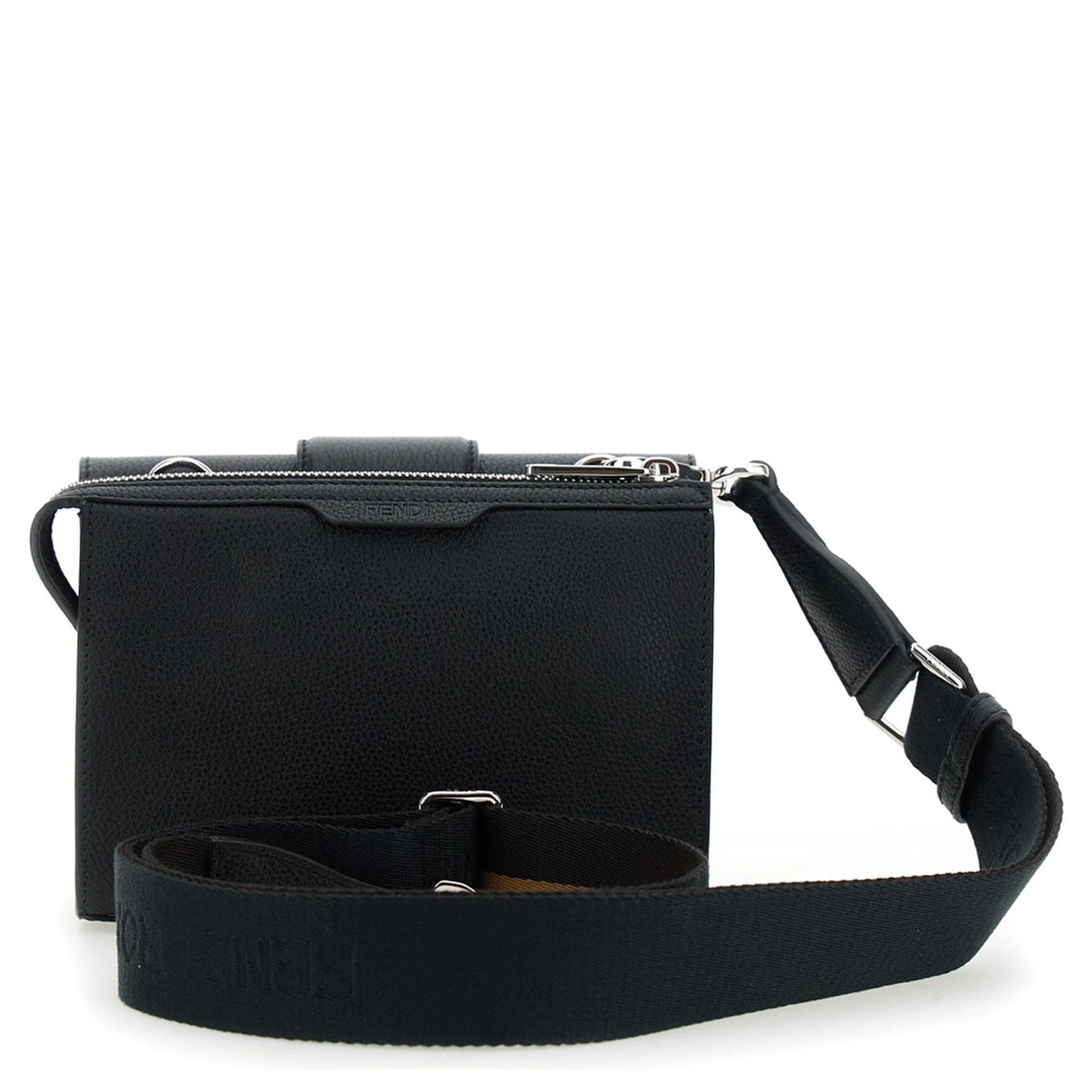 Baguette Double Black Crossbody Bag with FF Plaque on the Front in Hammered Leather Woman