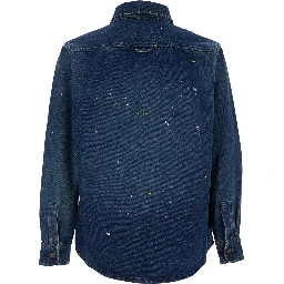 Basile Blue Shirt with Chest Pocket and All-Over Paint Effect in Cotton Man