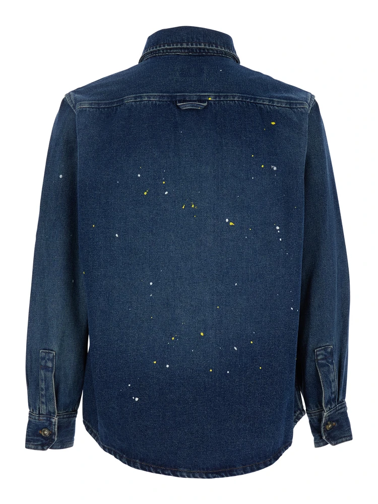 Basile Blue Shirt with Chest Pocket and All-Over Paint Effect in Cotton Man alternative