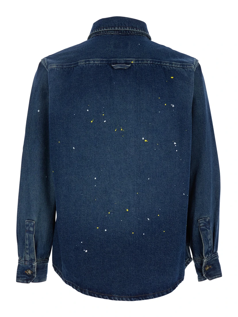 Basile Blue Shirt with Chest Pocket and All-Over Paint Effect in Cotton Man