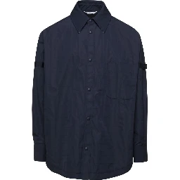 Oversized Blue Shirt with Patch Pockets in Polyamide Blend Man