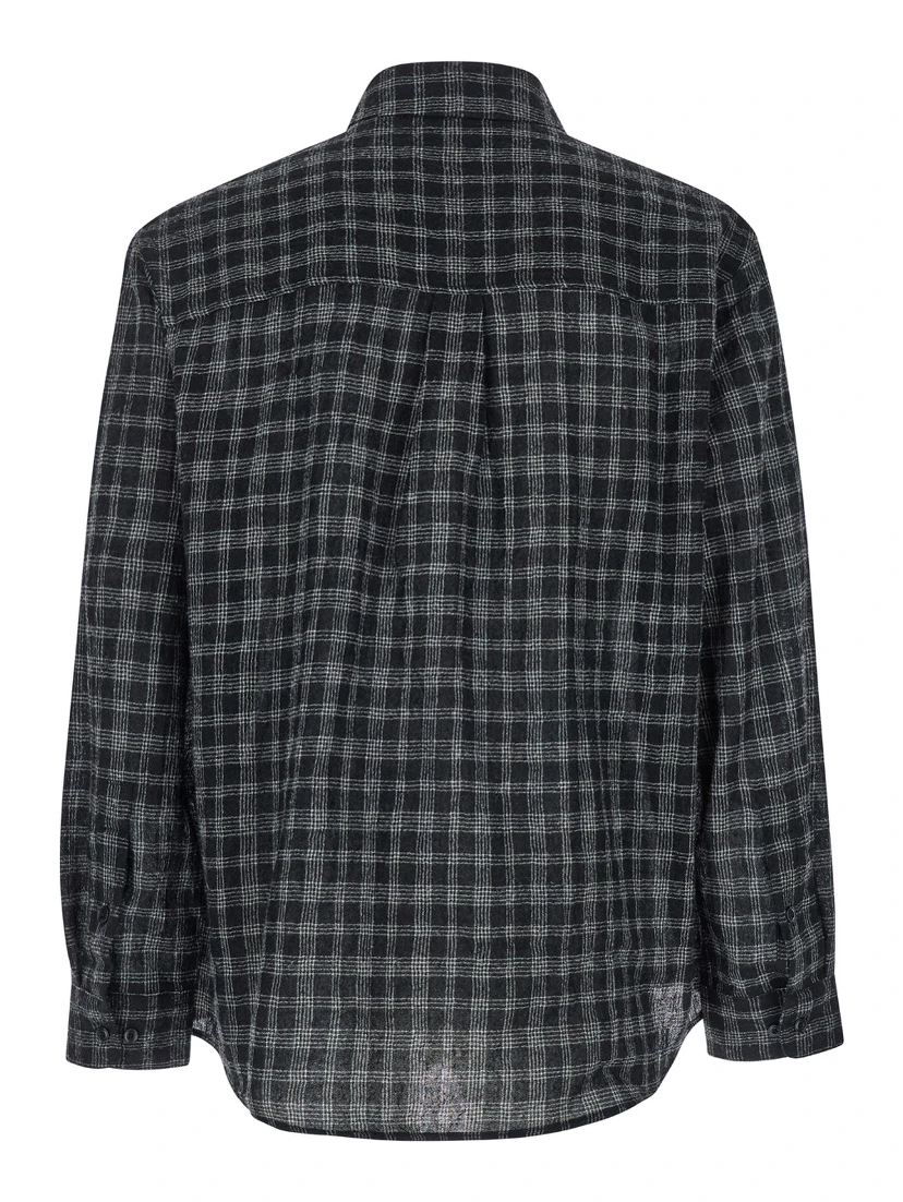Black Shirt with Check Motif in Wool Blend Man