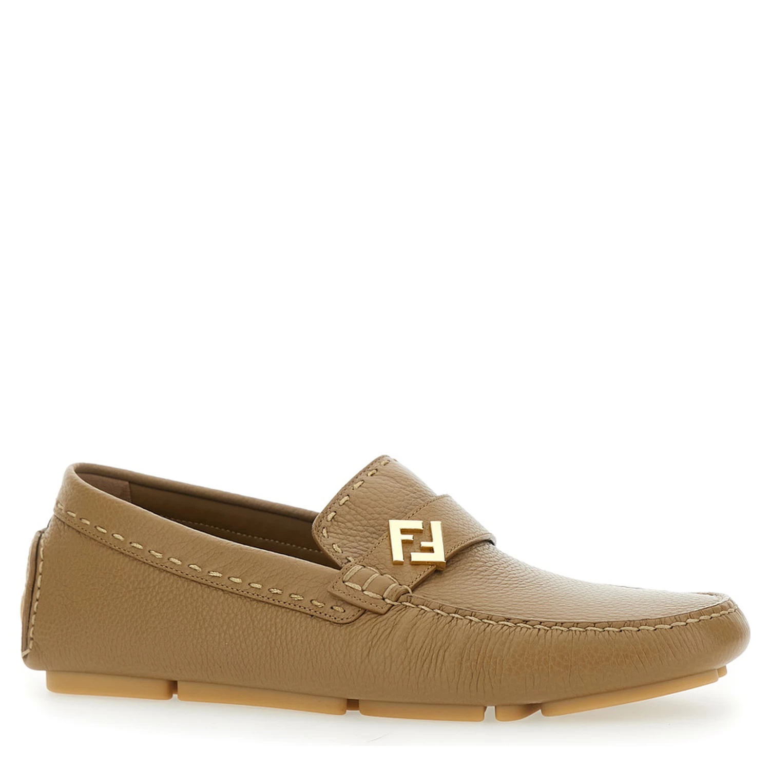 Driver Beige Loafers with Rubber Injected Sole and Metallic FF Plate in Hammered Leather Man