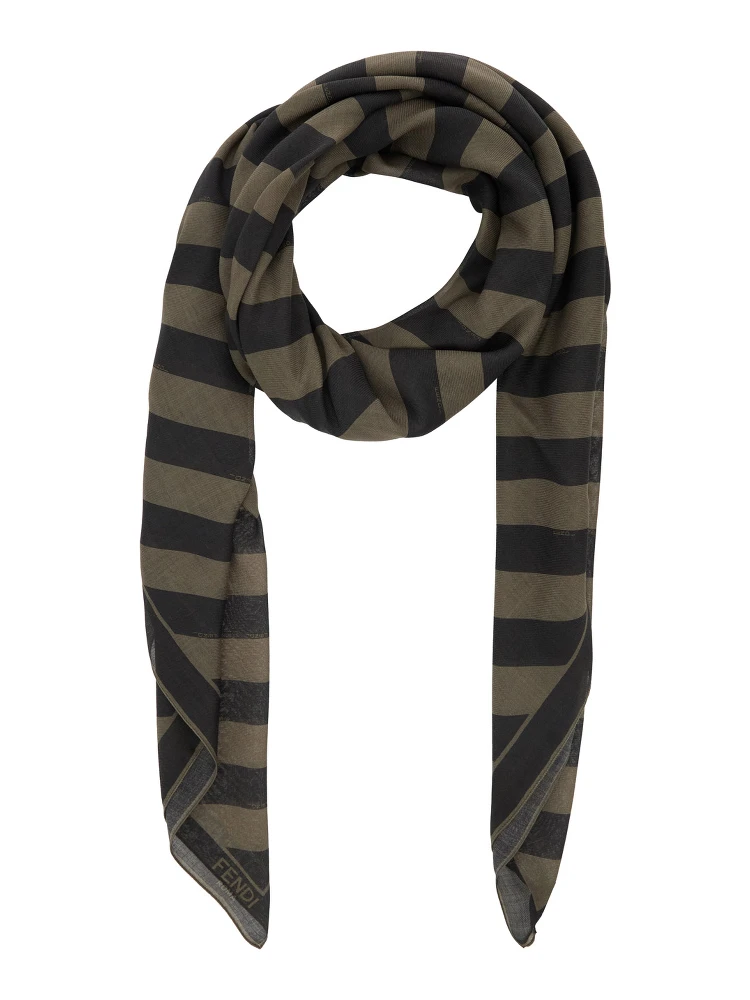 Beige Square Stole with All-Over Striped Motif and Logo Lettering on the Hem in Cotton and Silk Blend Man alternative