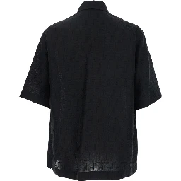 Black Oversize Shirt with Short Wide Sleeves and All-Over FF Embroidery in Linen Blend Man