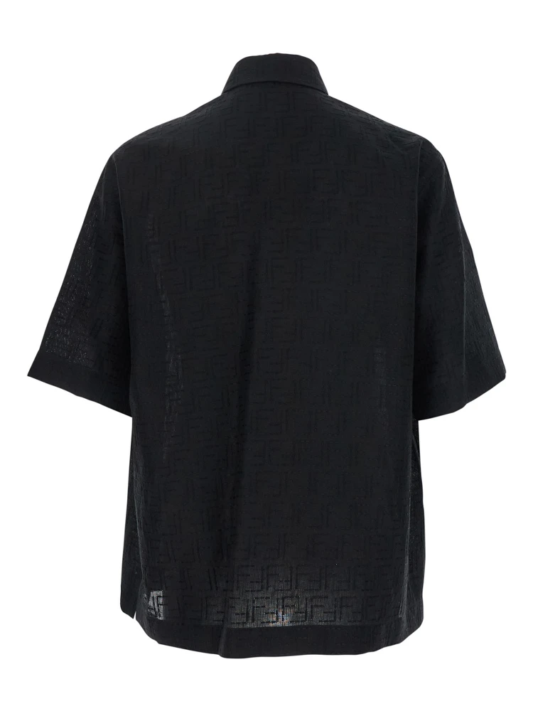 Black Oversize Shirt with Short Wide Sleeves and All-Over FF Embroidery in Linen Blend Man alternative