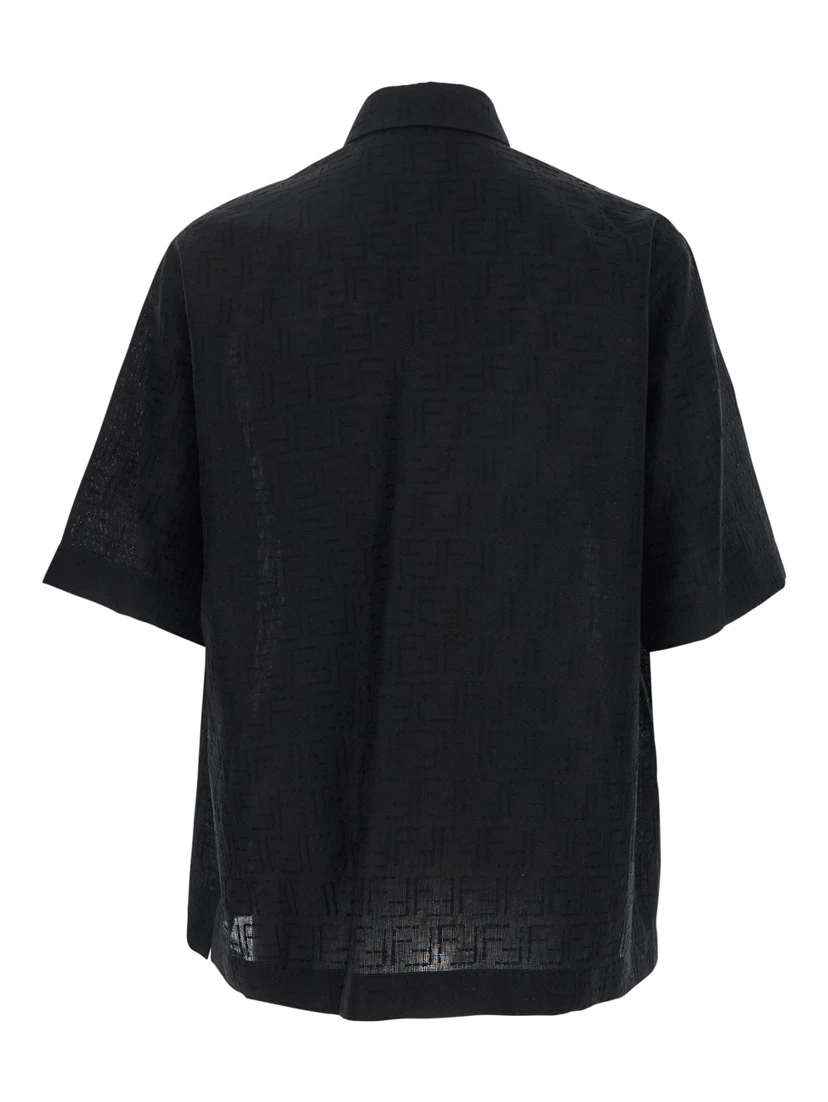 Black Oversize Shirt with Short Wide Sleeves and All-Over FF Embroidery in Linen Blend Man