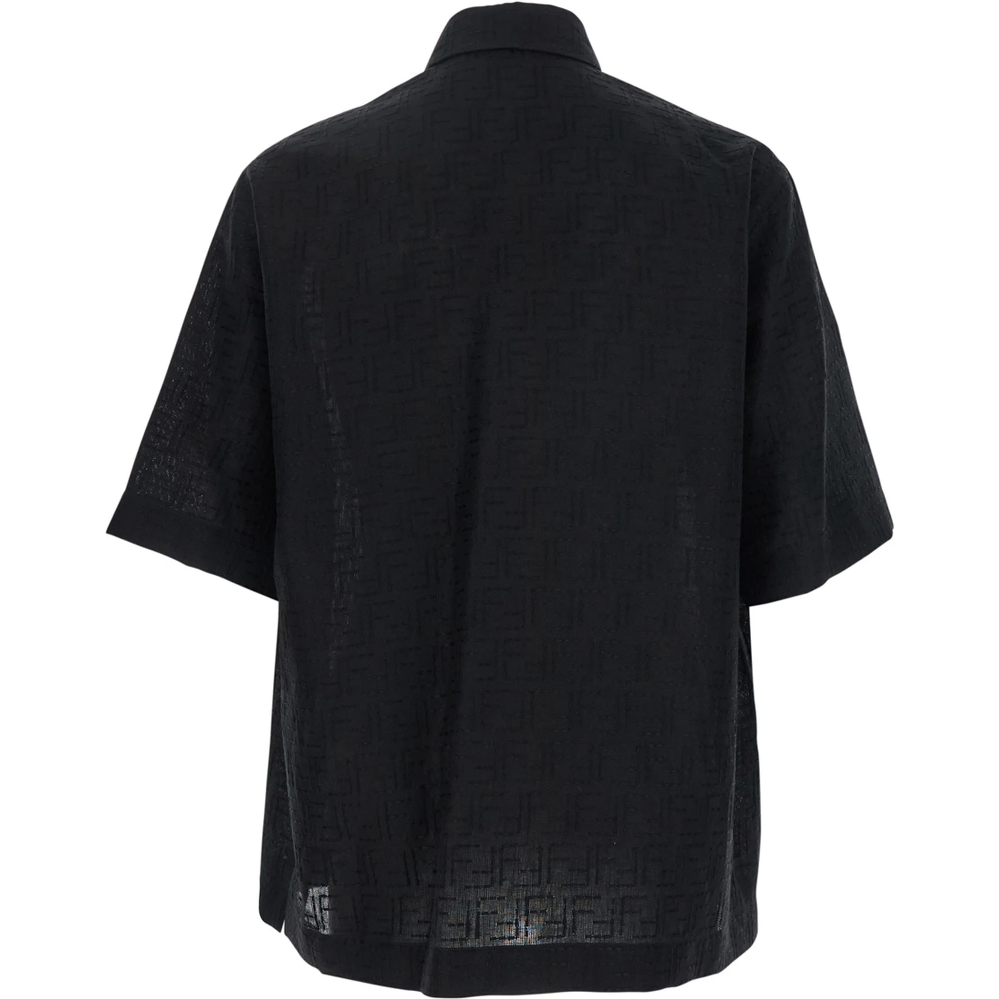 Black Oversize Shirt with Short Wide Sleeves and All-Over FF Embroidery in Linen Blend Man