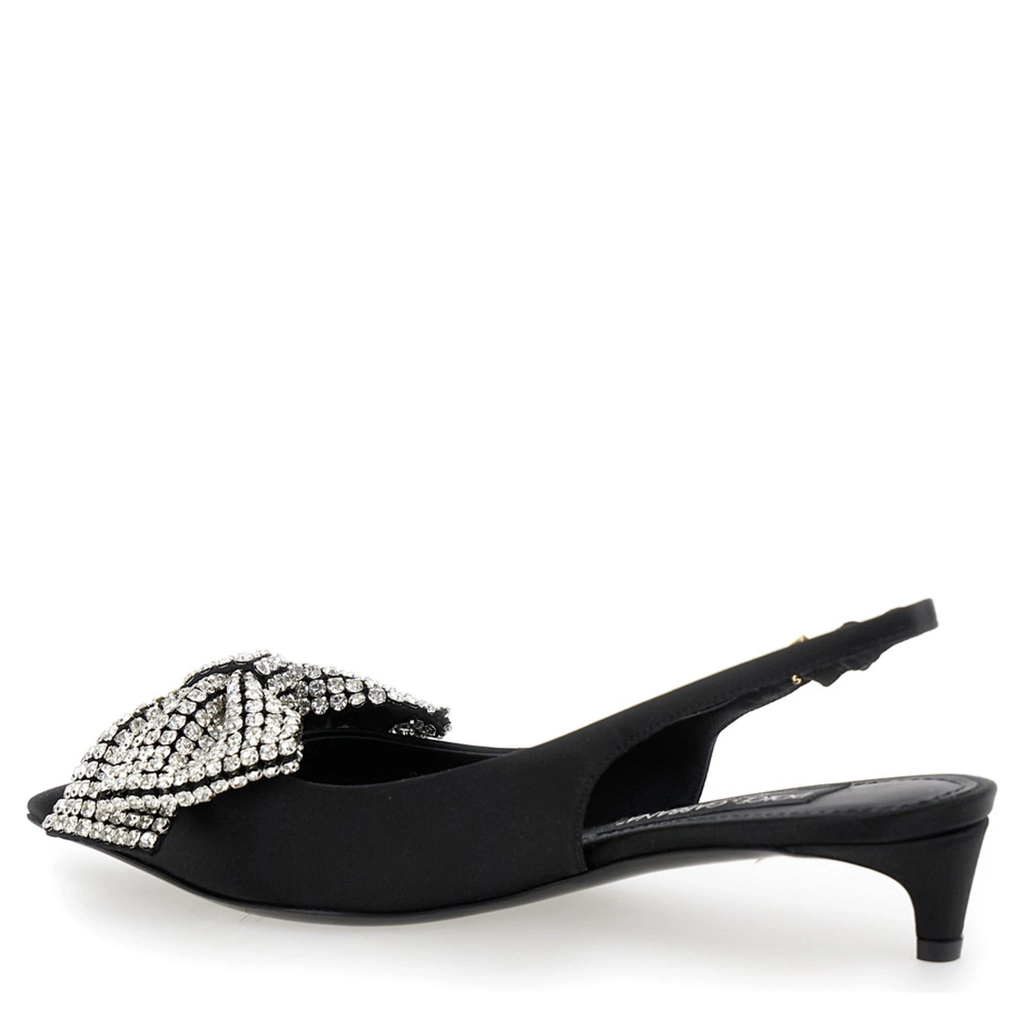 Black Slingback Pumps with Rhinestone Bow Detail in Silk Blend Woman
