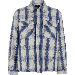Blue Shirt with Classic Collar and All-Over Check Motif in Cotton Blend Man
