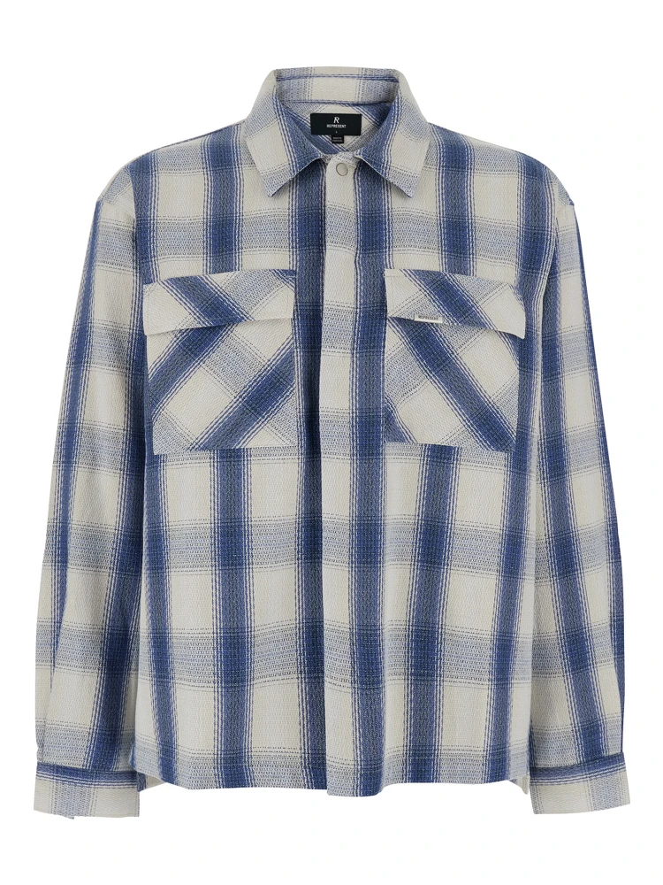 Blue Shirt with Classic Collar and All-Over Check Motif in Cotton Blend Man