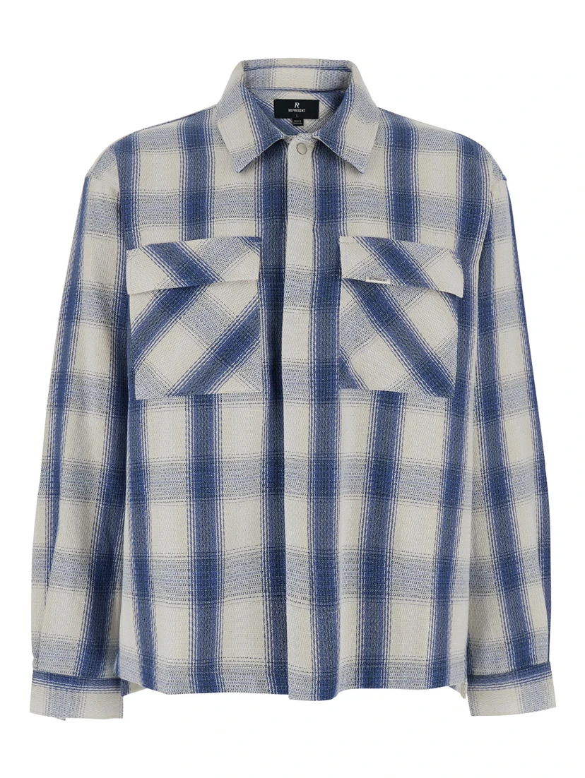 Blue Shirt with Classic Collar and All-Over Check Motif in Cotton Blend Man