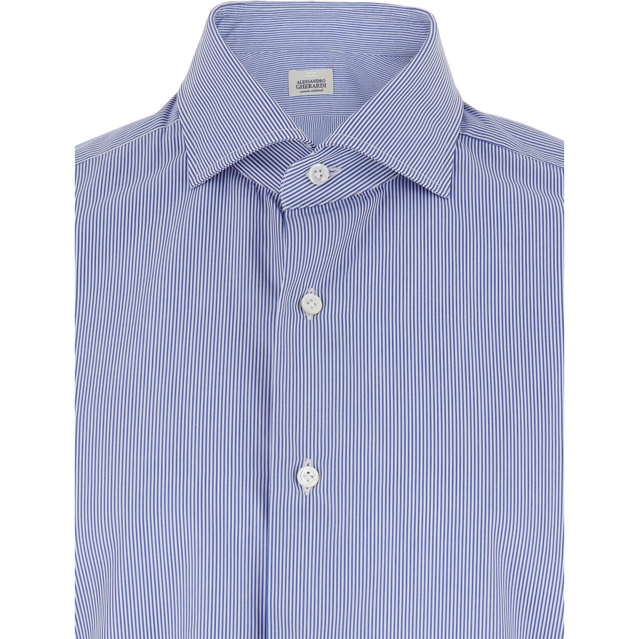 Blue Shirt with Classic Collar and All-Over Striped Motif in Cotton Man