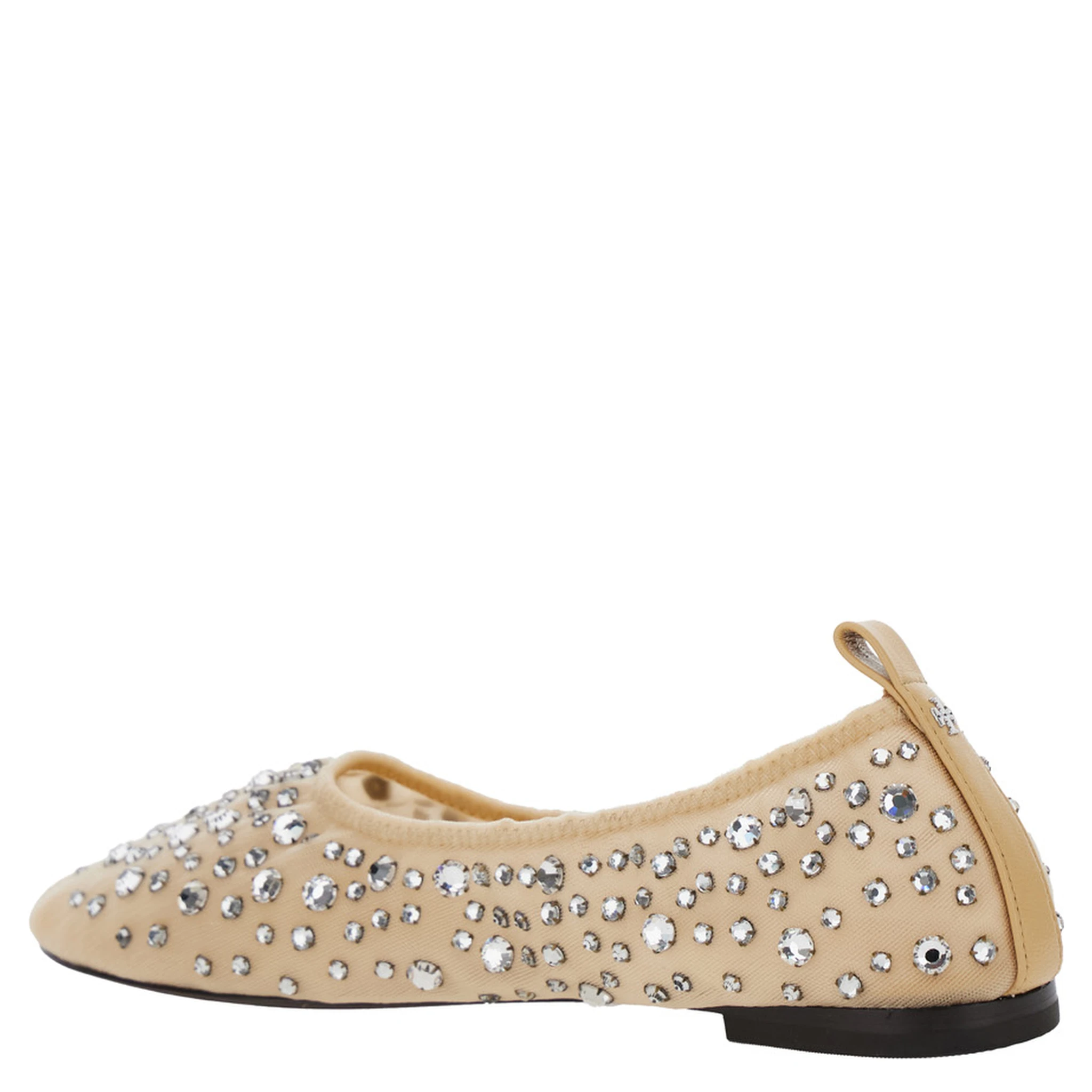 Beige Ballet Flats with All-Over Crystals Application in Tech Fabric Woman