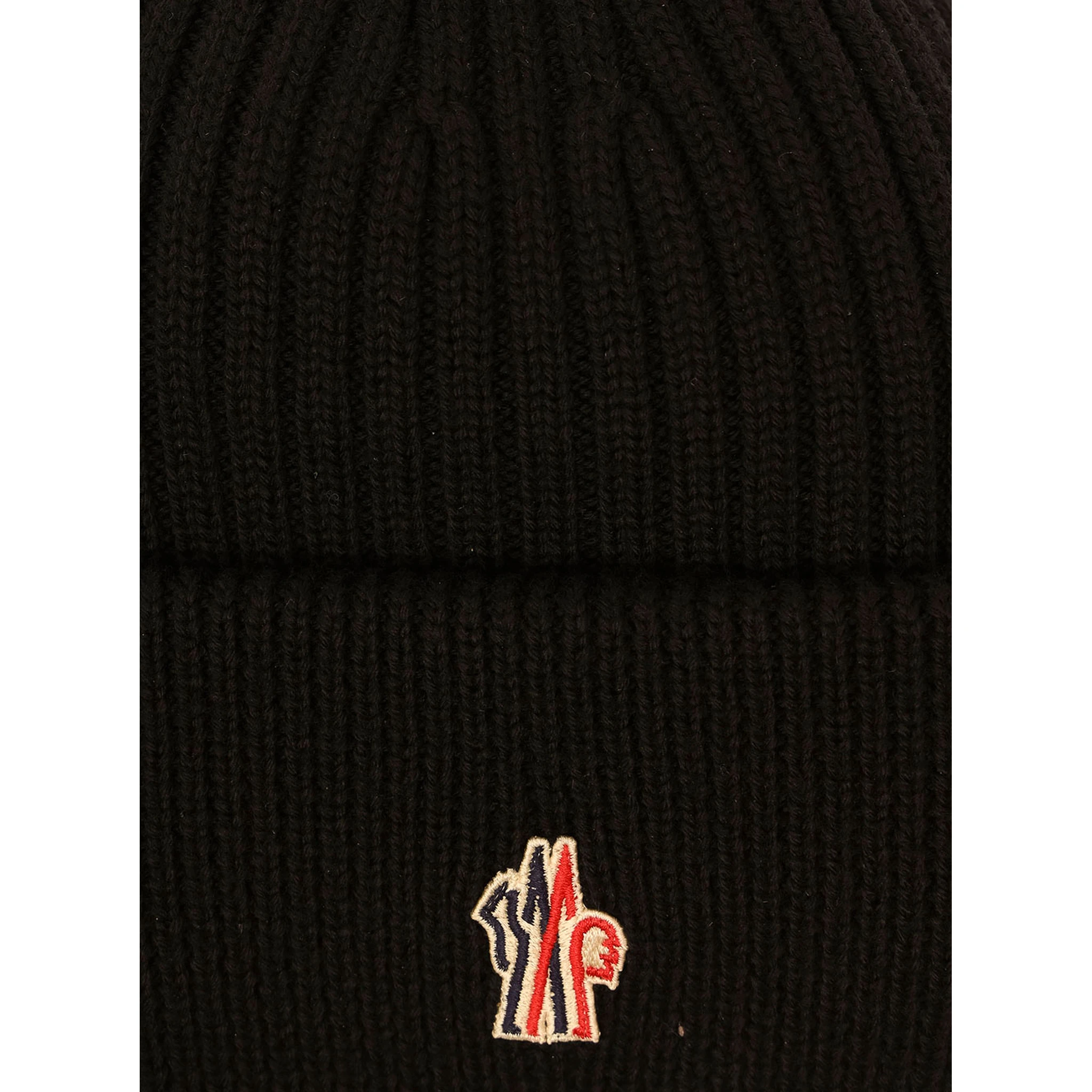 Black Ribbed Beanie with Logo Patch in Wool Man