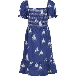 Blue Dress with Square Neckline and All-Over Boat Print in Cotton Girl