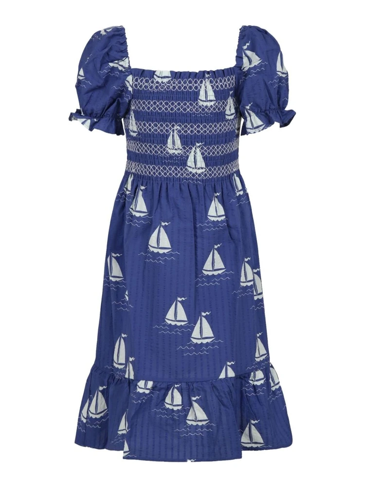 Blue Dress with Square Neckline and All-Over Boat Print in Cotton Girl