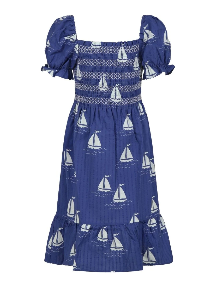 Blue Dress with Square Neckline and All-Over Boat Print in Cotton Girl