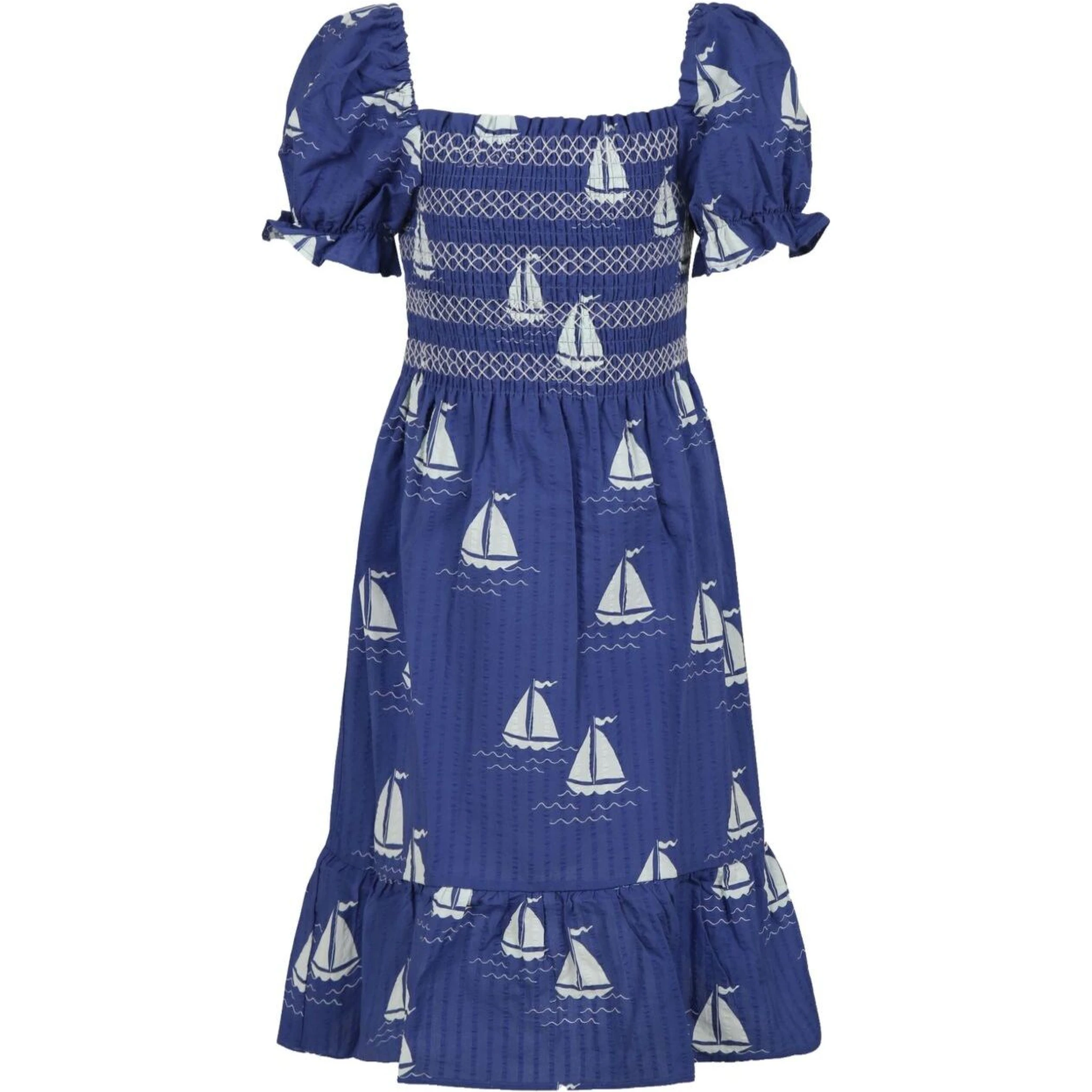 Blue Dress with Square Neckline and All-Over Boat Print in Cotton Girl